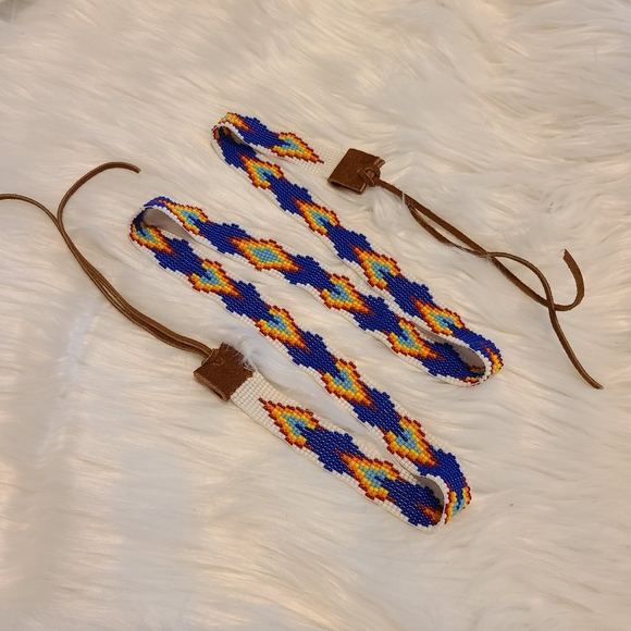 handmade Accessories - Southwestern Beadwork Aztec  Fringe Belt Hat Band Multicolor Handmade Leather